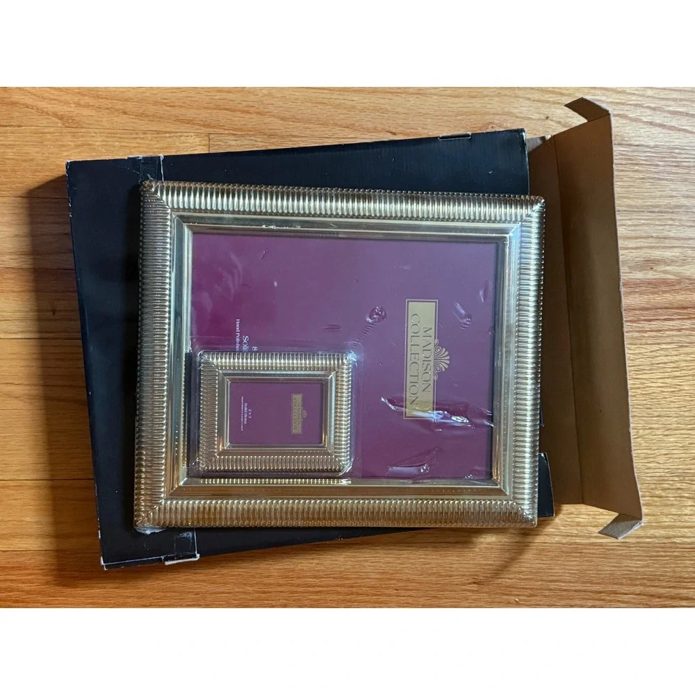 Madison Collection Solid Brass Ribbed Picture Frame Set 8x10 and 2x3 Gold Tone